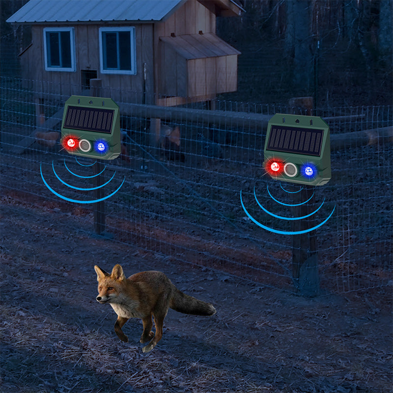 Arenzza solar-powered animal repeller with ultrasonic sound and flashing light, weatherproof pest control tool for garden protection.