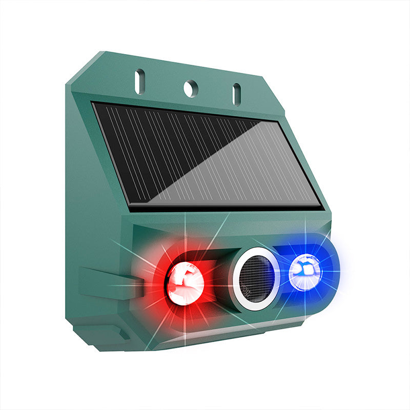 Arenzza solar-powered animal repeller with ultrasonic sound and flashing light for pest control in garden or outdoor areas.