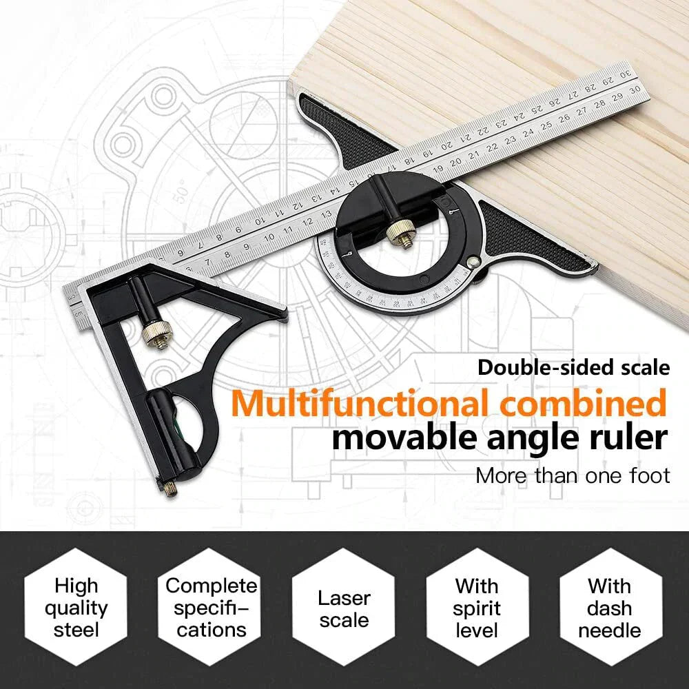 Arenzza multifunctional movable angle ruler set with adjustable metal rulers and measurement markings on a white background.