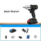 Arenzza brushless German motor electric wrench with 480Nm torque, 3-in-1 smart tool for home and auto repairs, black and silver design.