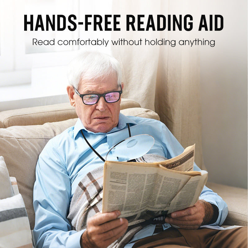Arenzza 5X hands-free magnifying glass for tools and gardening use, with a clear lens and ergonomic handle.