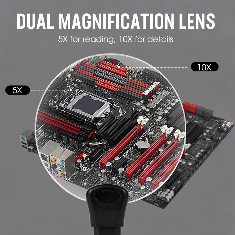 Arenzza 5X hands-free magnifying glass for tools and garden work, with a clear lens and adjustable headband for detailed close-up viewing.