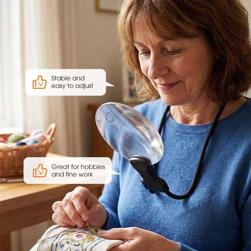 Arenzza 5X hands-free magnifying glass for tools and gardening, with a clear lens and adjustable stand for detailed close-up work.