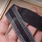 Arenzza tools and garden short pants edge trimming tool shown in use, with a close-up of the tool's blade and fabric.