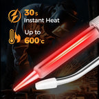 Arenzza 80W electric soldering iron with a pointed tip, shown in use for precision soldering in tools and garden projects.