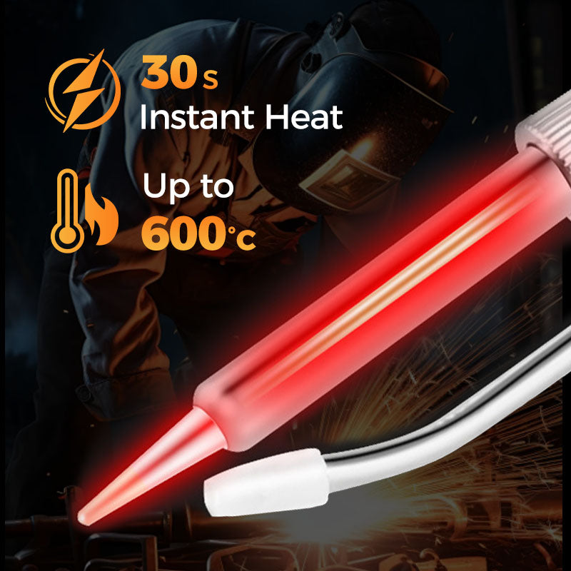 Arenzza 80W electric soldering iron with a pointed tip, shown in use for precision soldering in tools and garden projects.