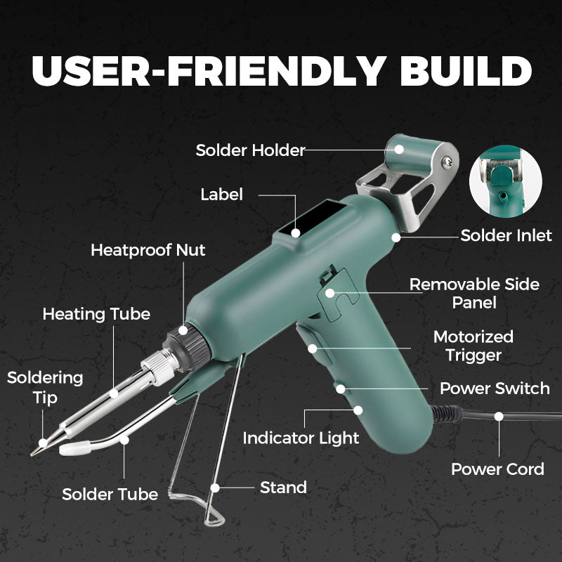 Arenzza 80W electric soldering iron with a metal tip, shown in use for precise soldering tasks, suitable for tools and garden projects.