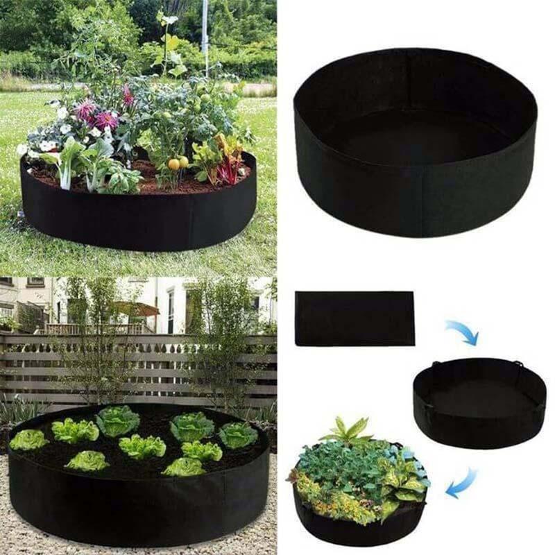 Arenzza fabric round raised garden bed planter pot filled with soil, suitable for herbs, flowers, vegetables, and potatoes.