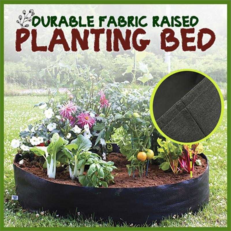 Arenzza fabric round raised garden bed planter for herbs, flowers, vegetables, and potatoes in a lush outdoor garden setting.