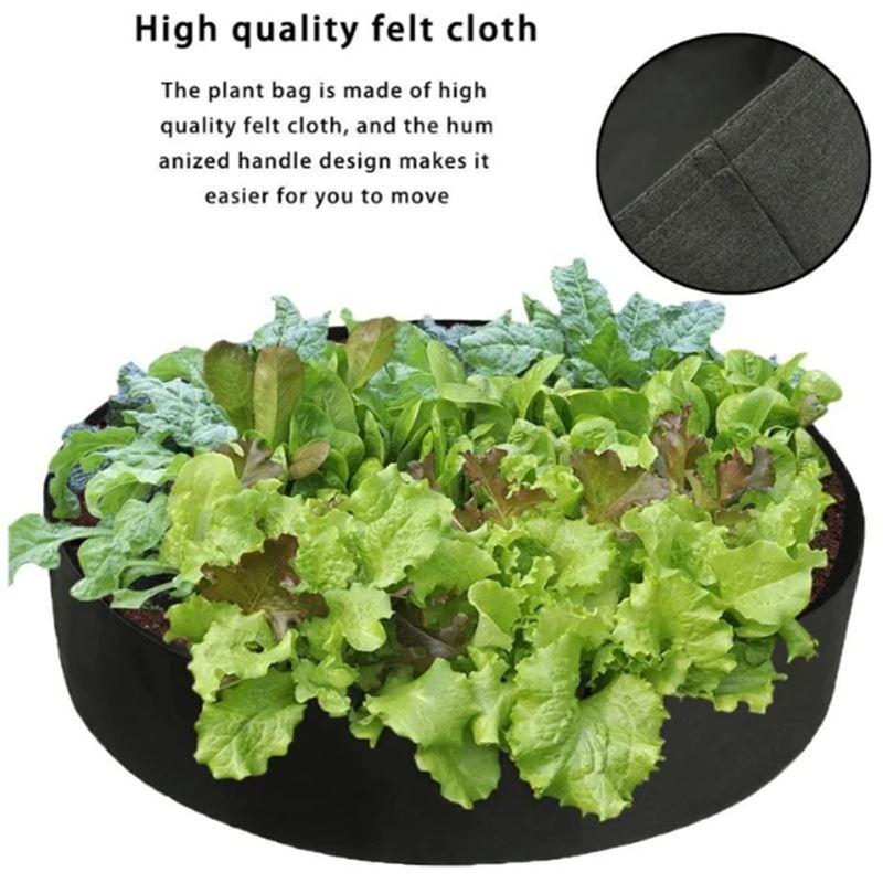 Arenzza fabric round raised garden bed planter for herbs, flowers, vegetables, and potatoes in a lush garden setting.