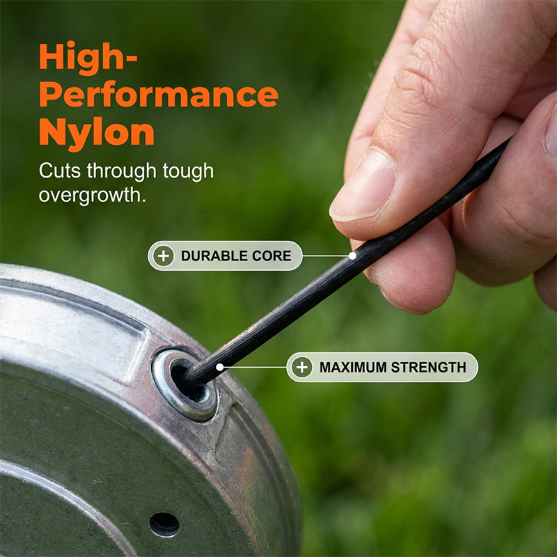 Arenzza Automatic Nylon Cord Trimmer Head attached to a garden trimmer, showing the durable plastic spool and cutting line.