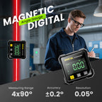 Arenzza 4-side magnetic digital angle gauge with laser precision, displayed on a workbench for woodworking and construction tasks.