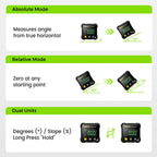 Arenzza 4-side magnetic digital angle gauge with laser precision, used for woodworking and construction on various surfaces.