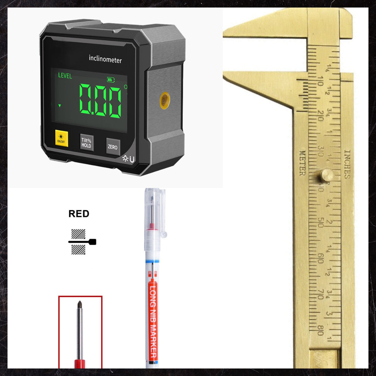 Arenzza 4-side magnetic digital angle gauge with laser precision, used on woodworking and construction surfaces.