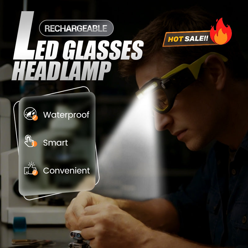 Arenzza rechargeable LED glasses headlamp with adjustable straps, bright light, and portable design for tools and garden tasks.