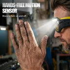 Arenzza rechargeable LED glasses headlamp with adjustable straps and bright front LEDs, ideal for tools and garden work.