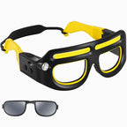 Arenzza rechargeable LED glasses headlamp with adjustable straps, bright LED light, suitable for tools, gardening, and outdoor activities.