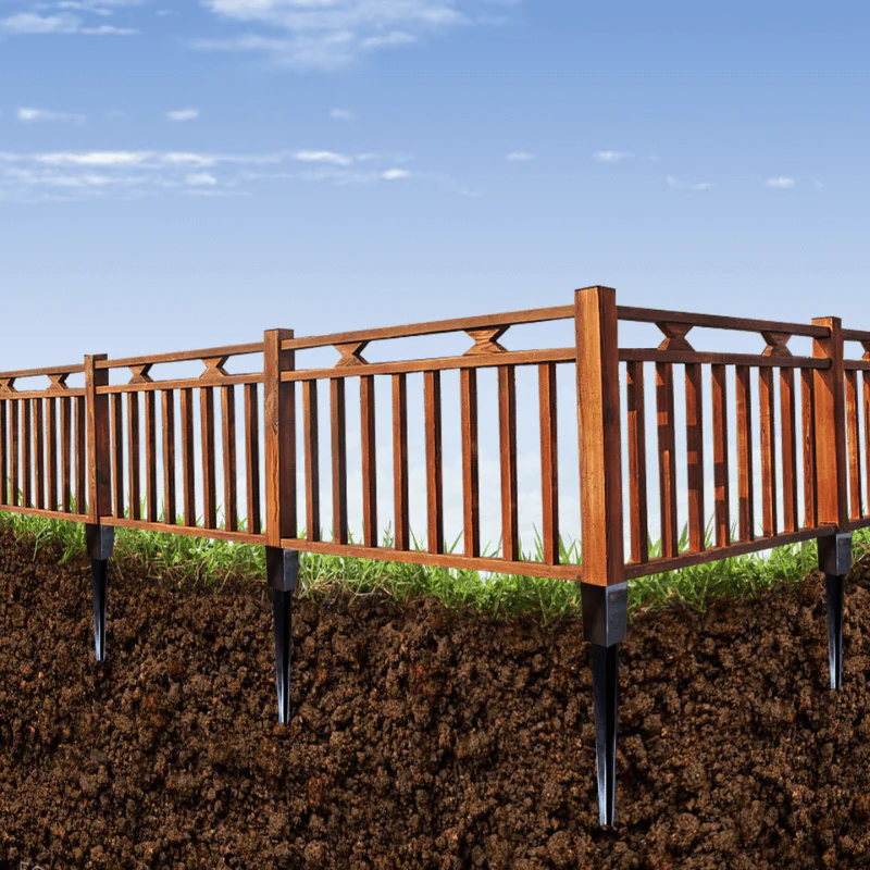 Arenzza heavy-duty fence post repair kit with rustproof metal tools for fixing loose or broken fence posts in a garden setting.