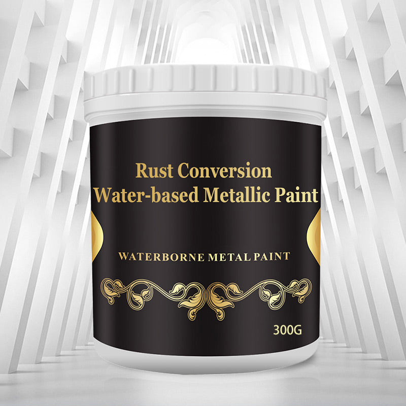 Arenzza Rust Conversion Water-Based Metallic Paint in a container, suitable for tools and garden projects with a shiny metallic finish.