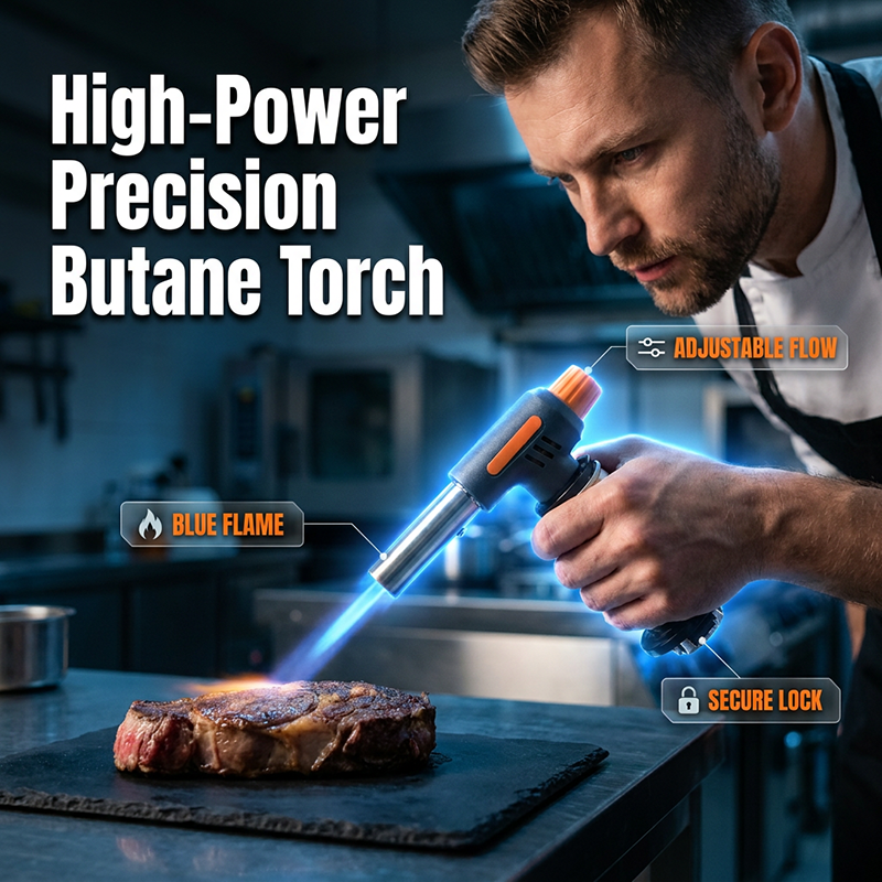 Arenzza Portable Multi-Function Butane Torch tools for gardening and cooking, showing a handheld torch with adjustable flame.