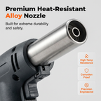 Arenzza portable multi-function butane torch with adjustable flame for tools and gardening tasks, shown with a digital display and nozzle.