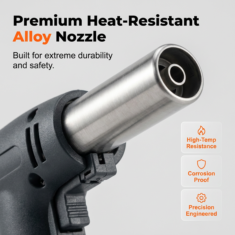 Arenzza portable multi-function butane torch with adjustable flame for tools and gardening tasks, shown with a digital display and nozzle.