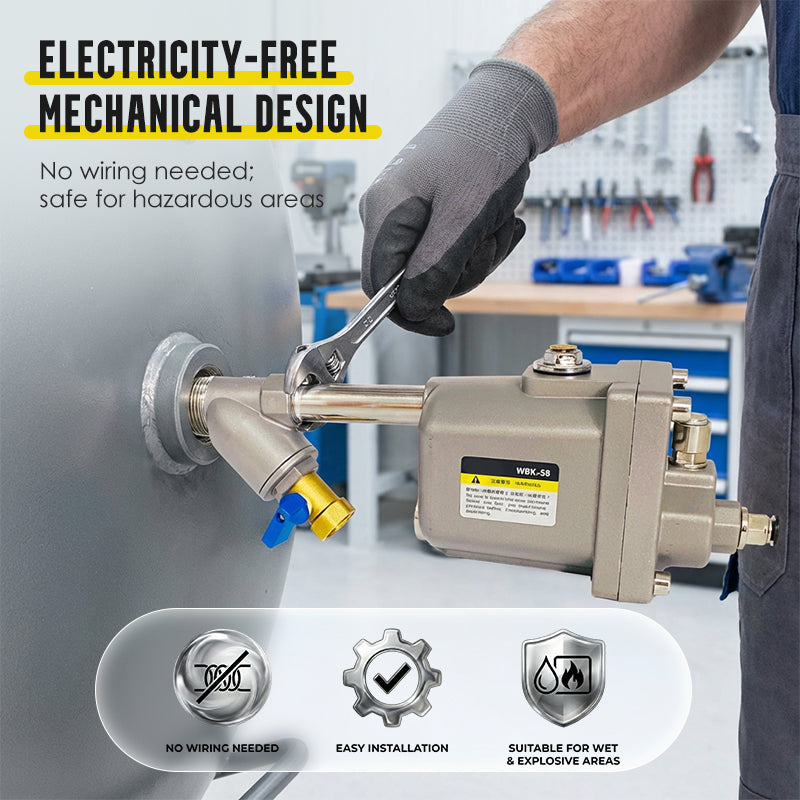 Arenzza Zero Air Loss Automatic Drain Valve for tools and garden equipment, showing the compact metal valve with inlet and outlet ports.