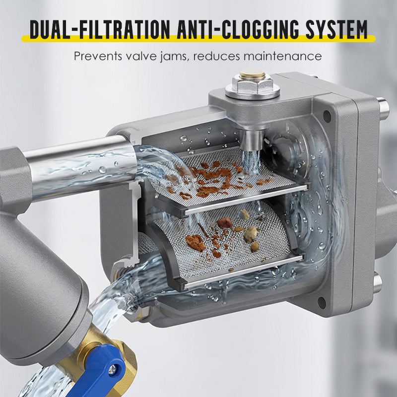 Arenzza Zero Air Loss Automatic Drain Valve for tools and garden equipment, shown in a close-up with metal fittings and valve mechanism.