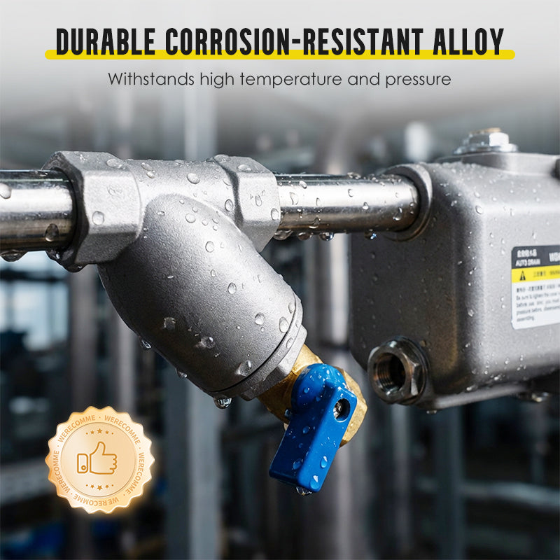 Arenzza Zero Air Loss Automatic Drain Valve for tools and garden, showing a close-up of the valve with plumbing connections.