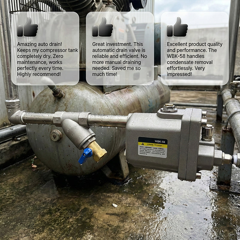 Arenzza Zero Air Loss Automatic Drain Valve for tools and garden equipment, showing the black valve with connection fittings.