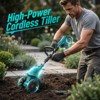 Arenzza cordless electric tiller with adjustable handle, heavy-duty blades, and long battery life for efficient gardening and soil loosening.