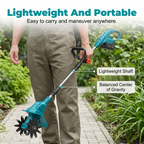 Arenzza cordless electric tiller with adjustable handle, heavy-duty blades, and long battery life for soil loosening and gardening.