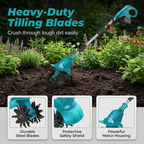Arenzza cordless electric tiller with adjustable handle, heavy-duty blades, and long battery life for easy gardening and soil loosening.