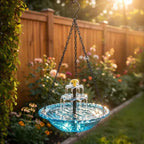 Arenzza Solar Cascade hanging bird bath fountain in a garden, featuring a cascading water flow with a solar-powered design.