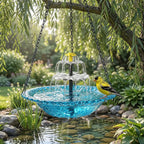 Arenzza Solar Cascade Hanging Bird Bath Fountain in garden, featuring a cascading water feature with a solar-powered pump for birds.