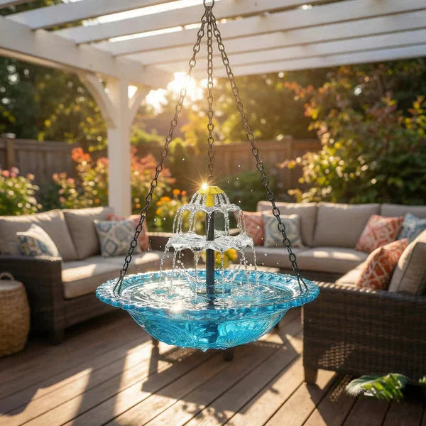 Arenzza Solar Cascade hanging bird bath fountain in a garden setting, with water cascading from the bird bath and solar panel.