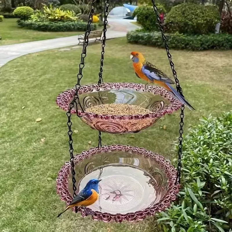 Arenzza Solar Cascade Bird Bath Fountain with hanging design, solar panel, and water feature for garden bird bathing.