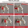 Arenzza stainless steel garden faucet with double outlets and independent valves, heavy-duty and easy to install for outdoor watering.