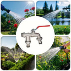 Arenzza universal stainless steel double outlet garden faucet with independent valves, heavy-duty construction, and easy installation.