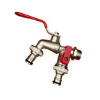 Arenzza stainless steel double outlet garden faucet with independent valves, heavy-duty construction, and easy installation for garden tools.