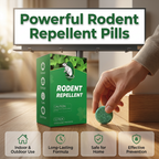 Arenzza All‑Pest Repellent infographic showing safe, effective pest control pills for rodents, pets, and outdoor use.