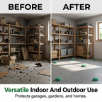 Arenzza All-Pest Repellent infographic showing indoor and outdoor use, pet-safe, chemical-free pest control tools and garden protection.