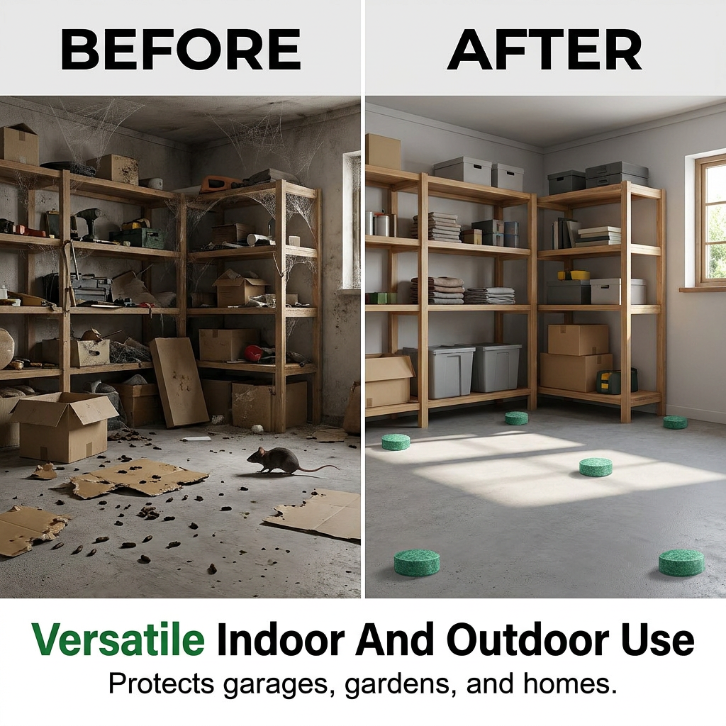 Arenzza All-Pest Repellent infographic showing indoor and outdoor use, pet-safe, chemical-free pest control tools and garden protection.