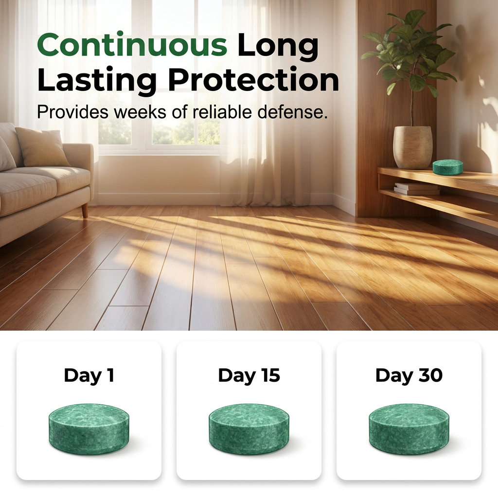 Arenzza pest repellent tool infographic showing long-lasting, pet-safe indoor and outdoor pest control solutions.