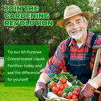 Arenzza All-in-One Plant Regeneration Concentrate in a bottle, garden tools and lush plants visible in the background.