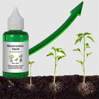 Arenzza plant and flower activation liquid bottle, gardening tool for vibrant plant growth, shown with fresh green leaves and blooming flowers.