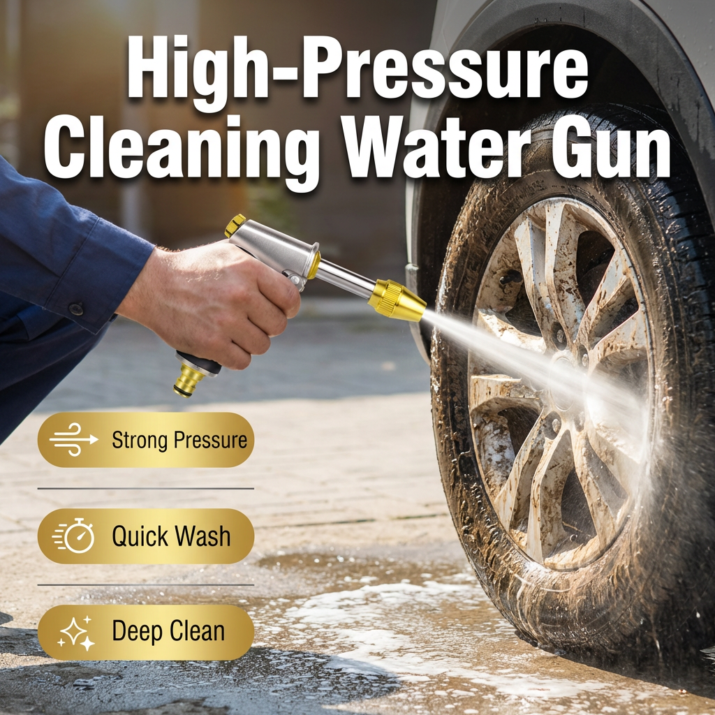 Arenzza high-pressure cleaning water gun for tools and garden use, showcasing adjustable nozzle and ergonomic handle in an infographic style.