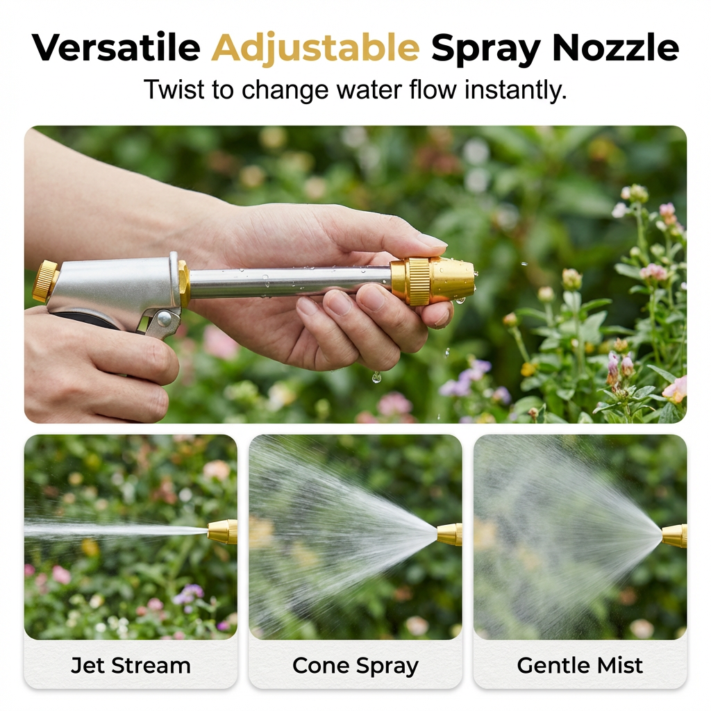 Arenzza high-pressure water gun with adjustable spray nozzle, versatile garden cleaning tool with ergonomic handle and multiple spray settings.