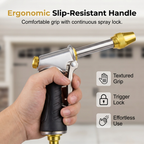 Arenzza high-pressure cleaning water gun with ergonomic, slip-resistant handle shown in an infographic emphasizing grip features.