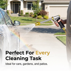 Arenzza high-pressure cleaning water gun with adjustable nozzle for various outdoor cleaning tasks, shown in an infographic.